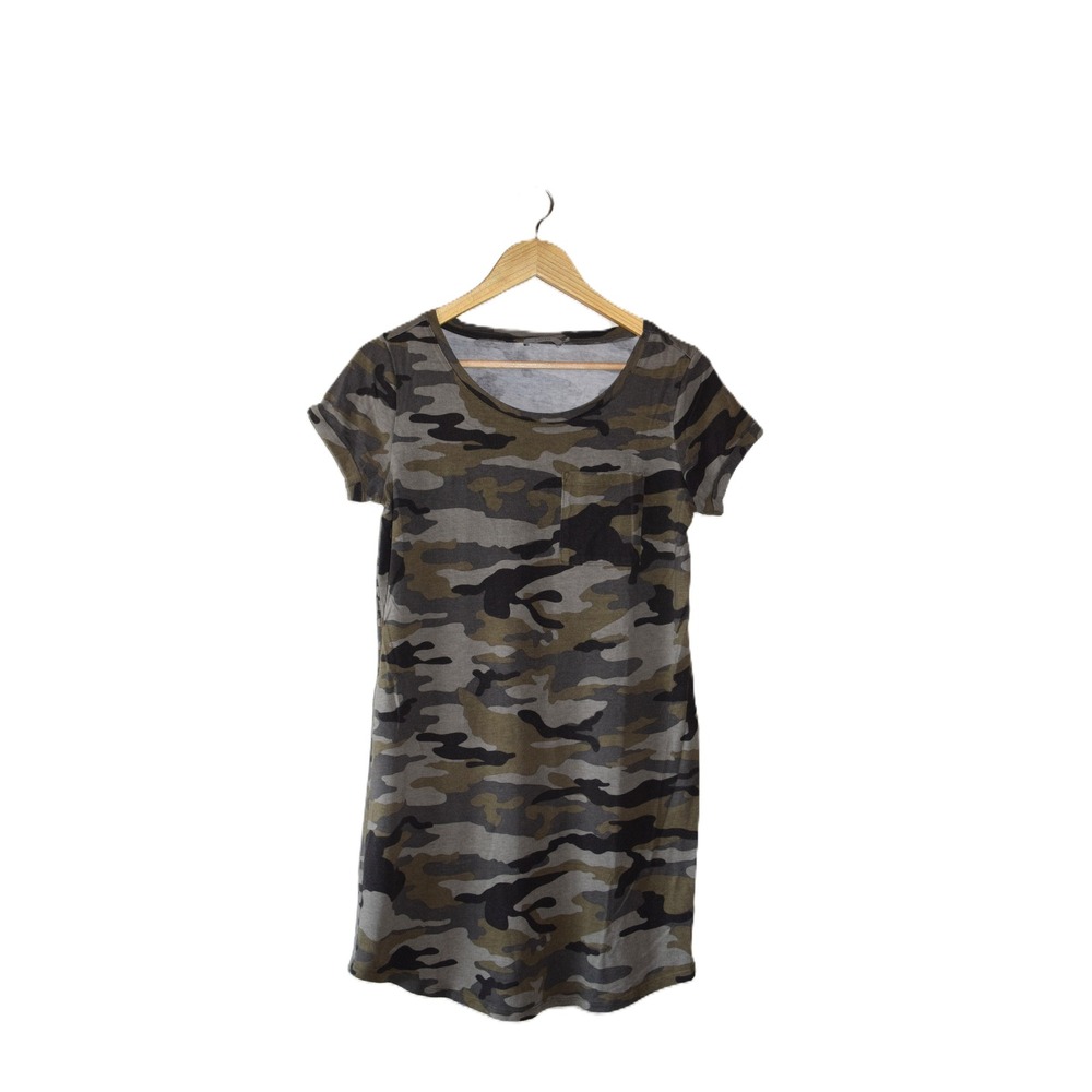 Dalia Camouflage T-Shirt Dress Womens Medium Green Brown Camo Pocket Good